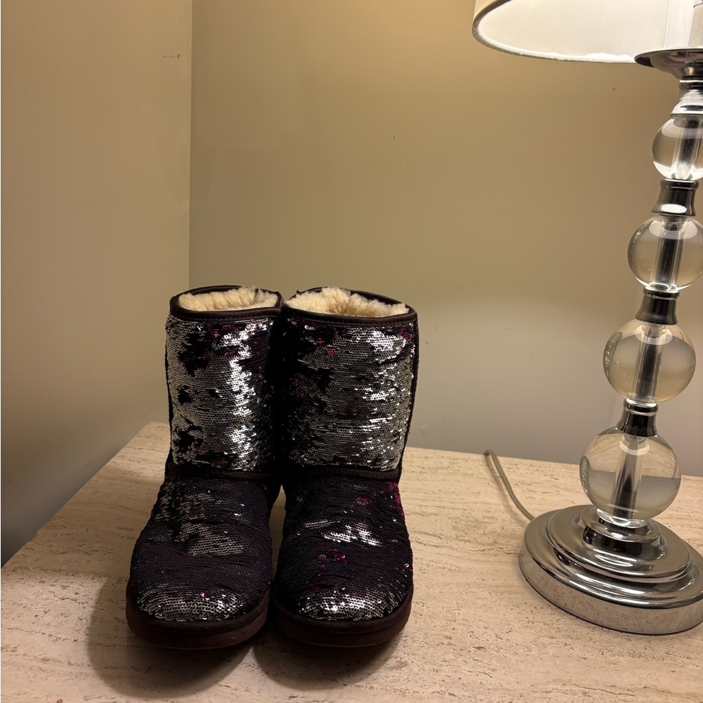 UGG Black and Silver Sequin Boots with Fur Lining